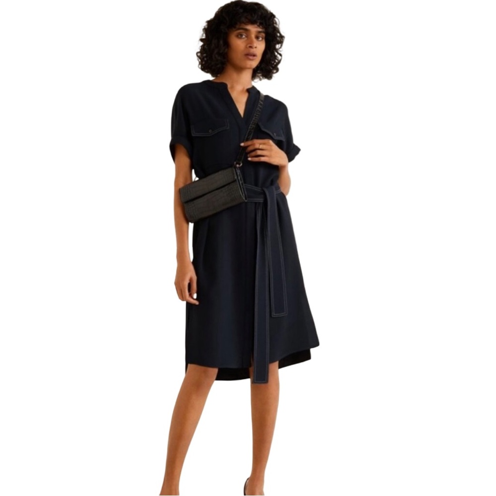 Mango Women’s Navy Blue White Stitching Button-Up Suit Shirt Dress Size 4 EUC